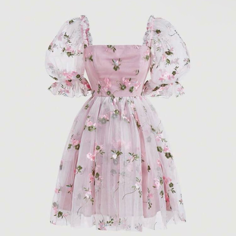 Romantic Floral Embroidery Puff Sleeve kidcore pink size small fairy  Dress  NWT